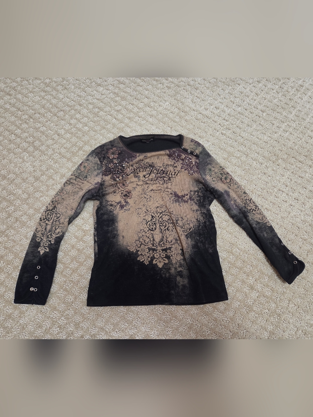 (S) VINTAGE Skinny Minnie - Embellished Ombre Long Sleeve Top - Black & Taupe
